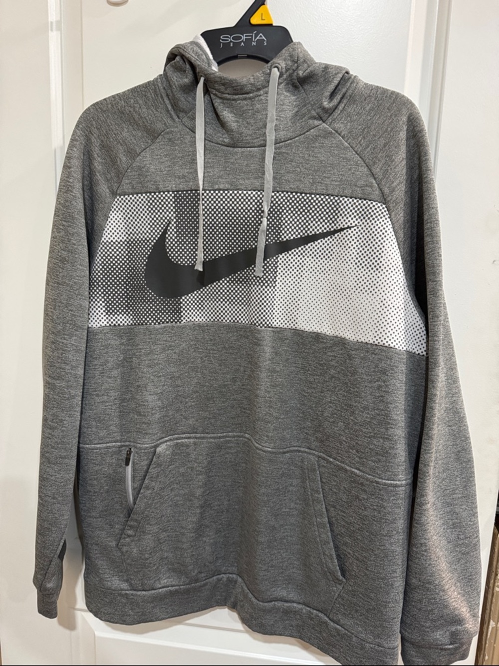 Nike Grey Pullover Hoodie with White Panel and Black Swoosh